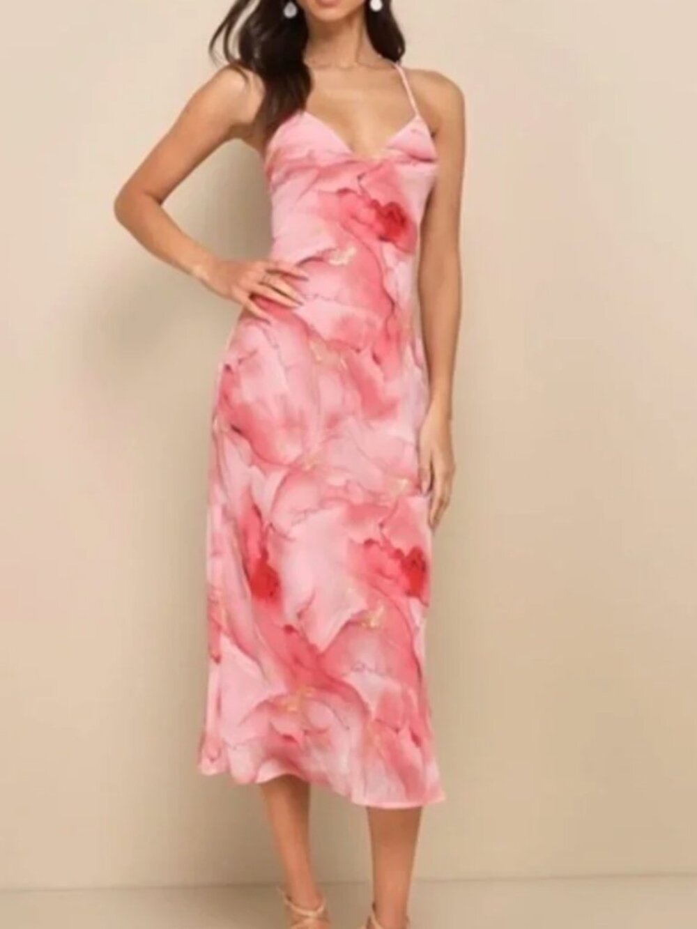 LULUS Bright Charm Pink Abstract Print Chiffon Slip Midi Dress SZ MED